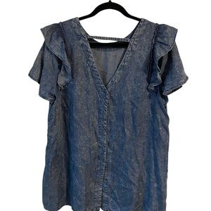 Denim Ruffle‎ Sleeve Button Up Top Coastal Cowgirl Vibes